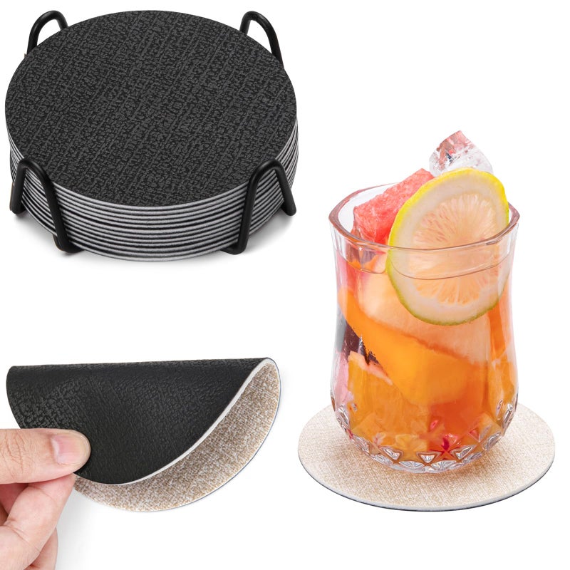 Chitomars Coasters for Drinks  12 Pcs Drink Coasters with Holder  Dual Sided Coasters Non-Slip Washable Coasters for Coffee Tabletop Protection Faux Leather Cup Coasters (Cream-White Black)