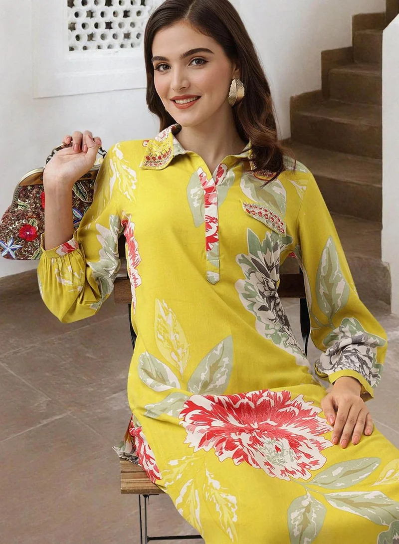 ISHIN Women's Yellow Rayon Printed Tunic Full Length Palazzo Straight Fit Kurta Set