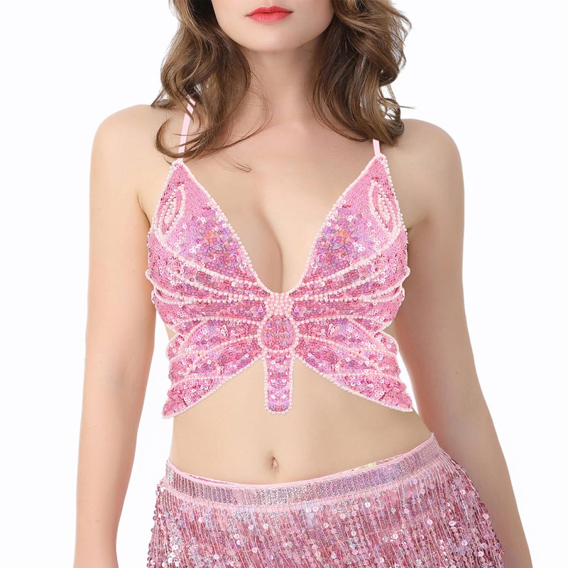 Mocure Womens Sparkly Butterfly Sequin Crop Tops Sexy Trendy Sleeveless Cute Butterfly Halter Tops Rave Wrap Tube Vest Top for Belly Dance Costume Outfits - Image 2