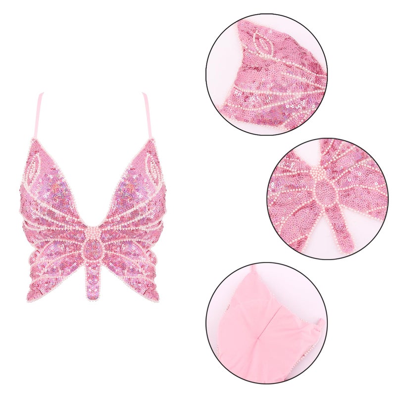 Mocure Womens Sparkly Butterfly Sequin Crop Tops Sexy Trendy Sleeveless Cute Butterfly Halter Tops Rave Wrap Tube Vest Top for Belly Dance Costume Outfits - Image 5
