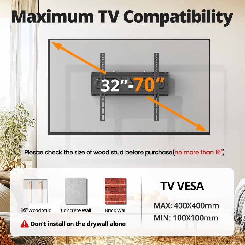 IWORKBOARD 50 55 65 inch Full Motion TV Wall Mount for 32-70 inch TV Bracket, Dual articulating Arms Mount, Tilt Swivel Extension Level, Max VESA 400x400mm, 16" Studs, 110 lbs,Fit Most 40 43 50+ TVs - Image 3