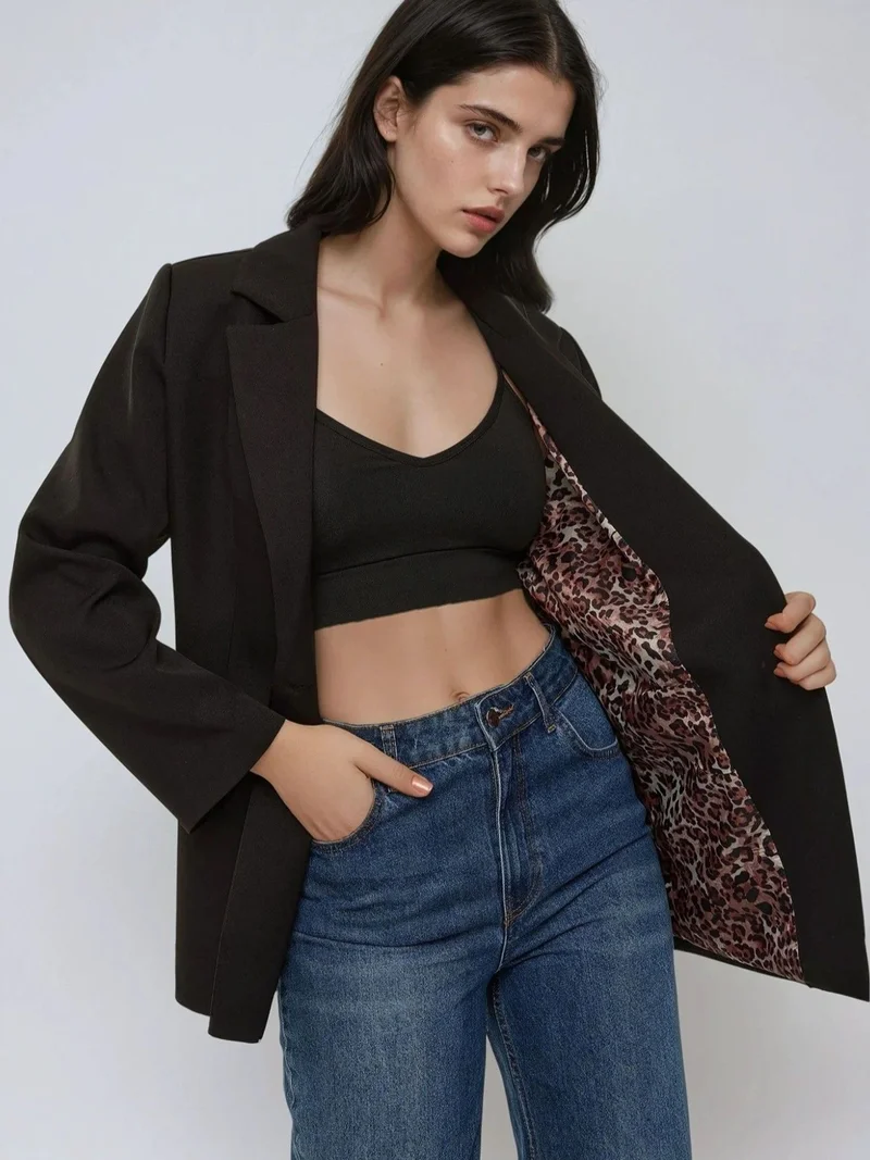 زوبعة جاكيت بليزر ببطانة جلد الفهد