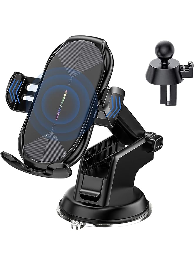 Excefore Car Charger,15W Qi Fast Charging Auto-Clamping Car Phone Holder, Air Vent Windshield Dashboard Car Phone Mount, Long Arm Suction Cup Phone Holder for iPhone or Android Phone - Image 1