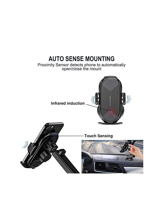 Excefore Car Charger,15W Qi Fast Charging Auto-Clamping Car Phone Holder, Air Vent Windshield Dashboard Car Phone Mount, Long Arm Suction Cup Phone Holder for iPhone or Android Phone - Image 3