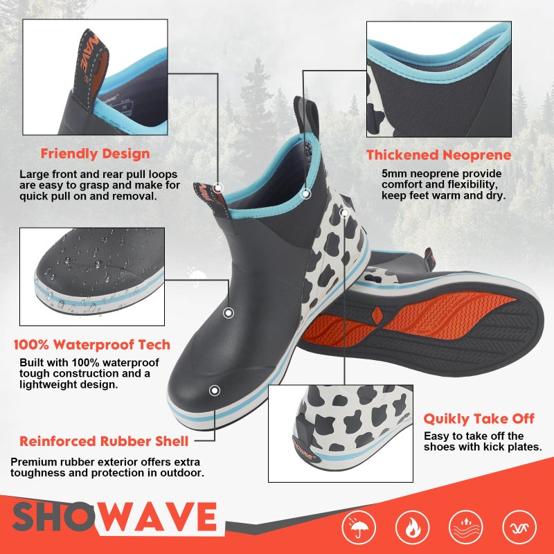 Showave Women's Deck Boots Waterproof Ankle Rain Footwear Non-Slip Rubber Boots for Boating Fishing Gardening Farming, Cow Print,Size 9 - Image 5