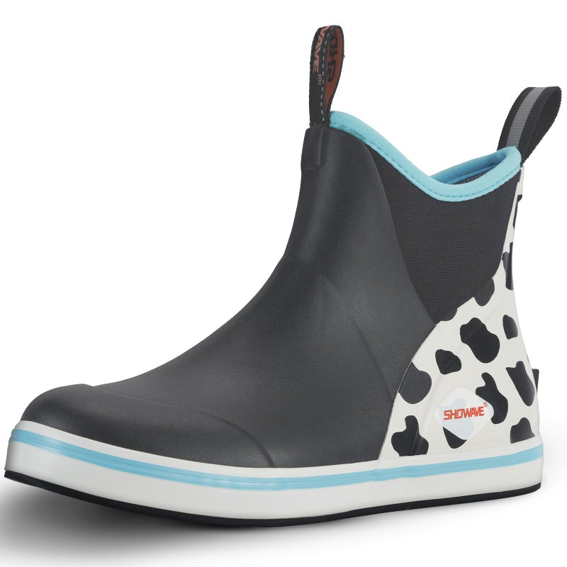 Showave Women's Deck Boots Waterproof Ankle Rain Footwear Non-Slip Rubber Boots for Boating Fishing Gardening Farming, Cow Print,Size 9 - Image 1