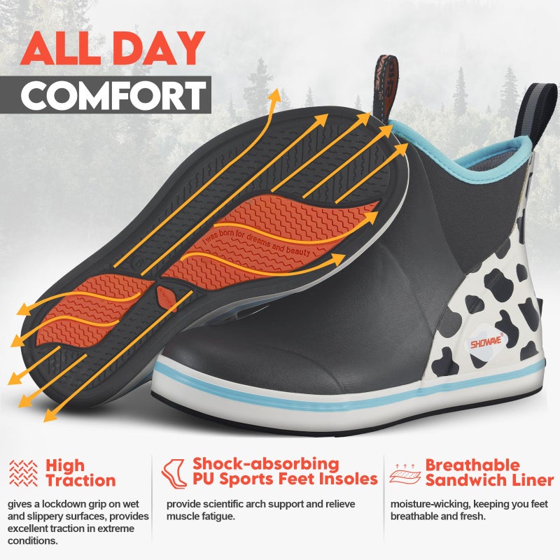 Showave Women's Deck Boots Waterproof Ankle Rain Footwear Non-Slip Rubber Boots for Boating Fishing Gardening Farming, Cow Print,Size 9 - Image 4