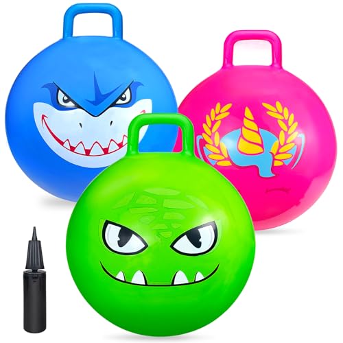 Hymaz Bounce Balls with Handles for Kids, 3 Pack Hopper Ball for Kids 3-6, Hippity Hop Balls 18 Inch with Air Pump, Jumping Bouncing Ball Ride On Toys for Sports Games Balance Exercise Indoor Outdoor Fun - Image 1