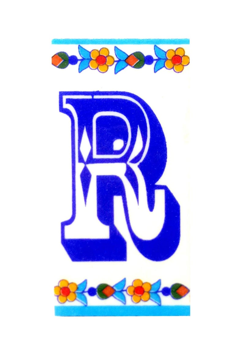 Shiv Kripa Blue Pottery Decor Wall Ceramic R Alphabets Tiles Handmade Wall Tiles 2 x 4 Inch Set of 3 Tiles (Multi Color) - Image 2