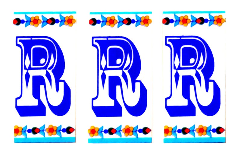 Shiv Kripa Blue Pottery Decor Wall Ceramic R Alphabets Tiles Handmade Wall Tiles 2 x 4 Inch Set of 3 Tiles (Multi Color) - Image 1