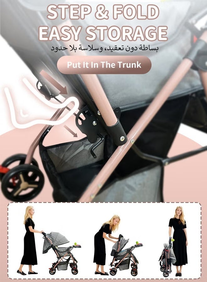 TAKHTEELA Two-Way Baby Stroller, Lightweight Travel Pushchair with Tray, Extra-Large Canopy, Shock-Absorbing Wheels & One-Click Compact Fold, with Mosquito Net & Storage Basket & Cup Holder & 2 Hooks– Grey, for 0–36 Months - Image 3