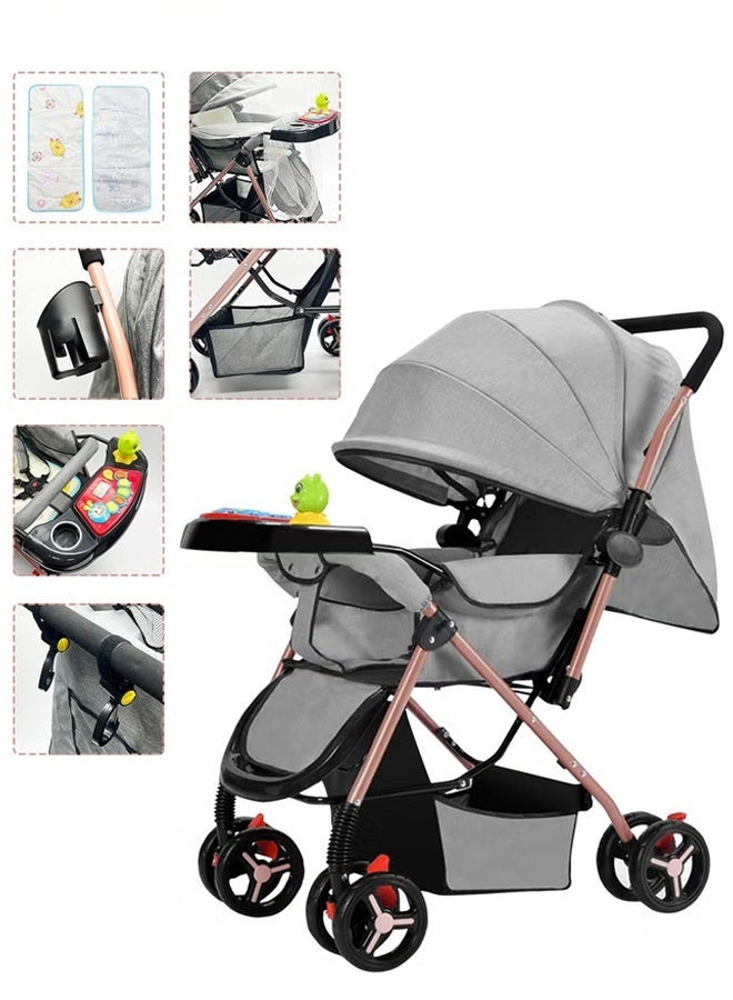 TAKHTEELA Two-Way Baby Stroller, Lightweight Travel Pushchair with Tray, Extra-Large Canopy, Shock-Absorbing Wheels & One-Click Compact Fold, with Mosquito Net & Storage Basket & Cup Holder & 2 Hooks– Grey, for 0–36 Months - Image 1
