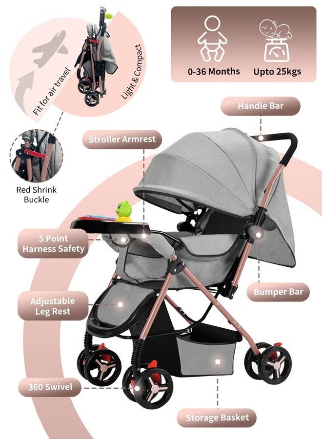 TAKHTEELA Two-Way Baby Stroller, Lightweight Travel Pushchair with Tray, Extra-Large Canopy, Shock-Absorbing Wheels & One-Click Compact Fold, with Mosquito Net & Storage Basket & Cup Holder & 2 Hooks– Grey, for 0–36 Months - Image 2