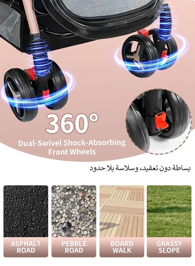 TAKHTEELA Two-Way Baby Stroller, Lightweight Travel Pushchair with Tray, Extra-Large Canopy, Shock-Absorbing Wheels & One-Click Compact Fold, with Mosquito Net & Storage Basket & Cup Holder & 2 Hooks– Grey, for 0–36 Months - Image 4