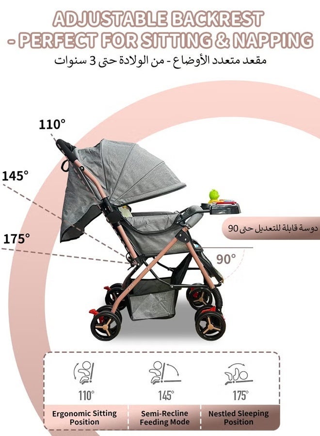 TAKHTEELA Two-Way Baby Stroller, Lightweight Travel Pushchair with Tray, Extra-Large Canopy, Shock-Absorbing Wheels & One-Click Compact Fold, with Mosquito Net & Storage Basket & Cup Holder & 2 Hooks– Grey, for 0–36 Months - Image 5