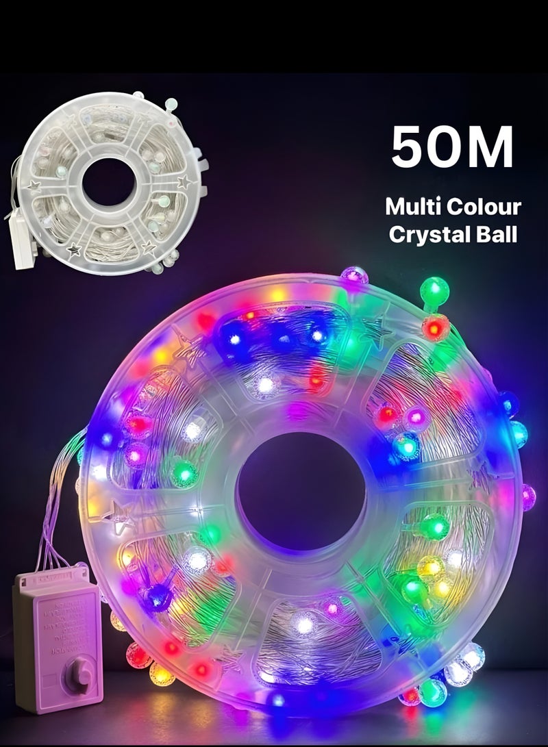 سلسلة أضواء LED متعددة الألوان على شكل كرة كريستال بطول ٥٠ مترًا | أضواء زينة خرافية لأعياد الميلاد، والديوالي، والحفلات، وحفلات الزفاف، وديكورات المنازل | إضاءة LED مقاومة للماء للديكور الداخلي والخارجي - Image 1