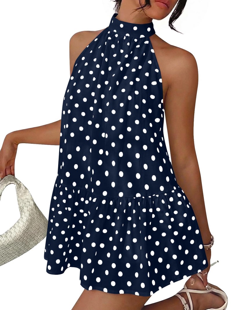 LILLUSORY Women Halter Dress Summer Mini Short Dresses A Line Polka Dot Petite Sundress Flowy Vacation Party Outfits 2026 Babydoll Trendy Resort Wear Date Night Tie Back Y2k Cute Clothes Navy M - Image 1