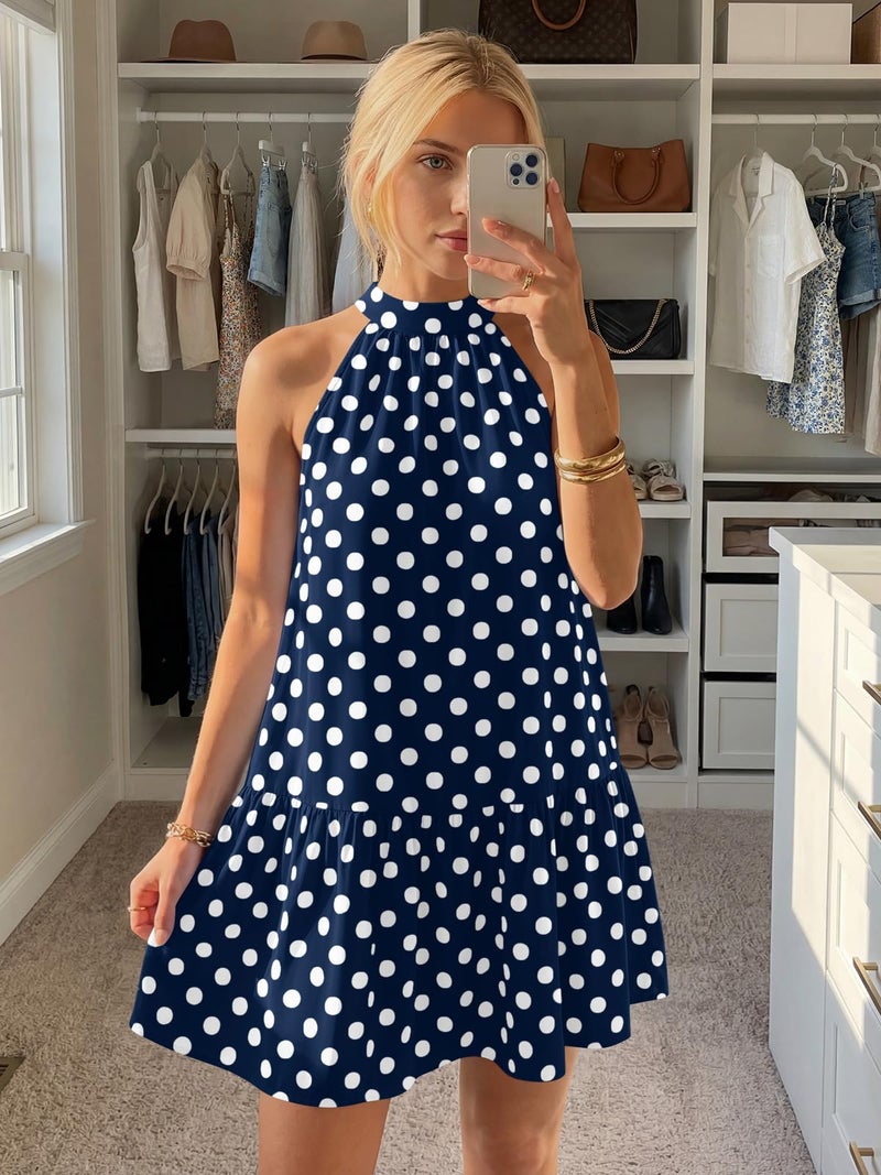 LILLUSORY Women Halter Dress Summer Mini Short Dresses A Line Polka Dot Petite Sundress Flowy Vacation Party Outfits 2026 Babydoll Trendy Resort Wear Date Night Tie Back Y2k Cute Clothes Navy M - Image 2