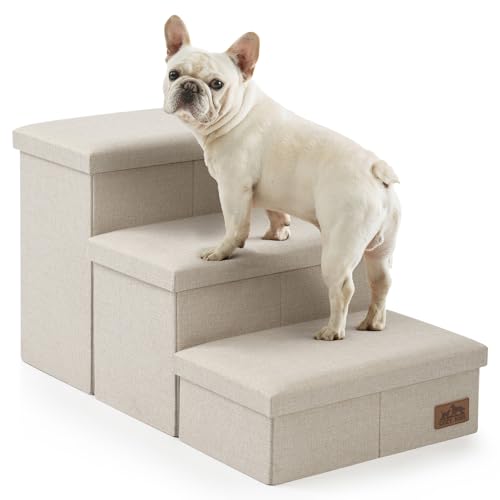 COZY KISS Dog Stairs with Storage 3Step Wider Sturdy Dog Steps for SmallMediumLarge Dogs and Older Cats Folding Doggie Ramp for BedCouchCar Hold Up to 180 lbs 167 H Beige