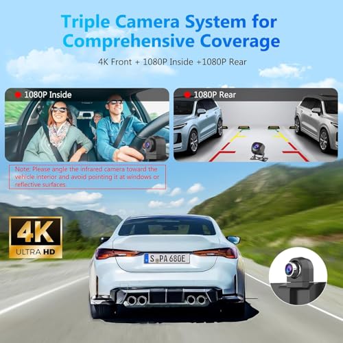 CARPURIDE W903S Wireless Carplay & Android Auto Screen with 3 Channel Dash Cam, 4K Front &1080P Rear, 1080P Infrared Cabin Camera for Cars with 64GB Card, Loop Recording, Bluetooth - Image 2