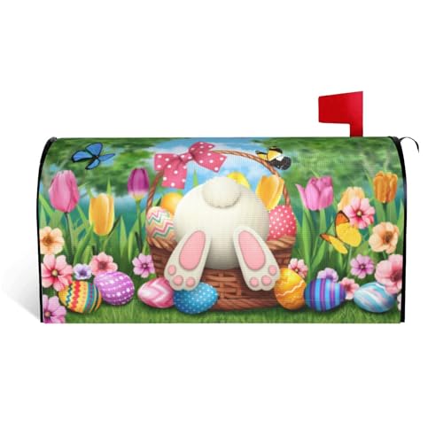 ARKUKT Easter Mailbox Cover Magnetic Welcome Bunny Rabbit Eggs Spring Mailbox Wraps Post Letter Box Cover for Garden Yard Home Decor Standard Size 21" x 18" - Image 1