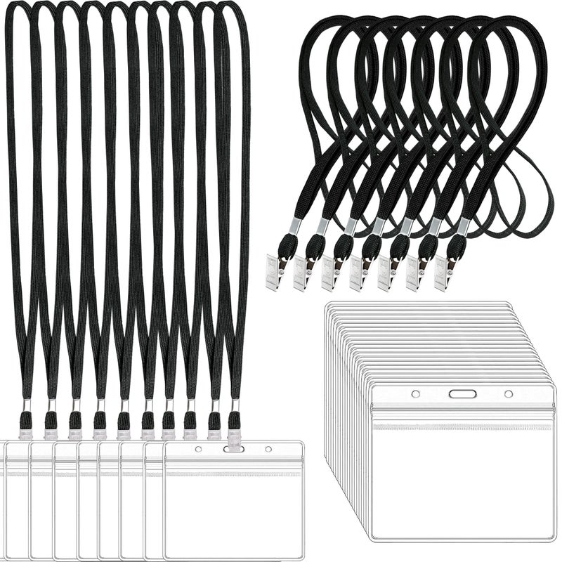 LOCONHA 100Pcs Clear Plastic Horizontal Name Tags Badge ID Card Holders and 100Pcs Black Lanyards with Clip lanyards for id Badges (Black) - Image 1