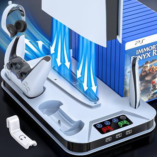 RJAD PS5 PS5 Slim Cooling Station with Controller Charging Station for Playstation 5 Console DiscDigital Cooling Stand for Playstation 5 Slim with Cooler Fan Accessories with 3 USB HubsHeadset Holder - Image 1