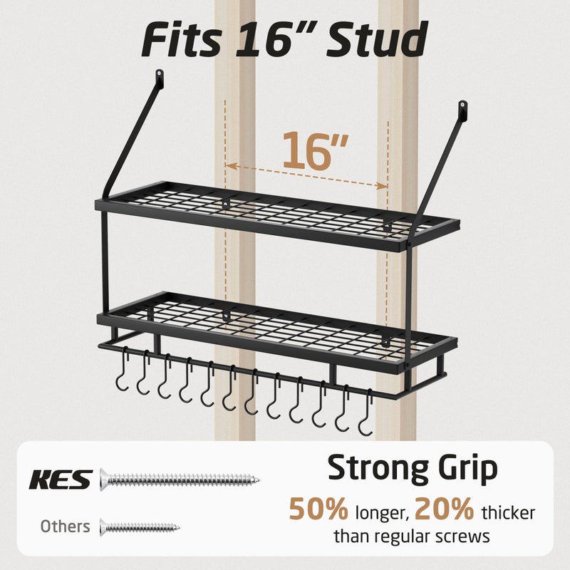 KES 30-Inch Kitchen Pot Rack - Mounted Hanging Rack for Kitchen Storage and Organization - Matte Black 2-Tier Wall Shelf with Guard Rail for Pots and Pans Organizer with 12 Hooks - KUR215S75B-BK - Image 5