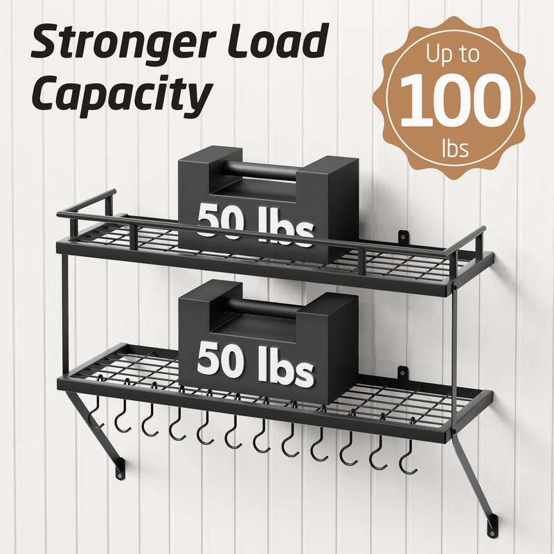 KES 30-Inch Kitchen Pot Rack - Mounted Hanging Rack for Kitchen Storage and Organization - Matte Black 2-Tier Wall Shelf with Guard Rail for Pots and Pans Organizer with 12 Hooks - KUR215S75B-BK - Image 3