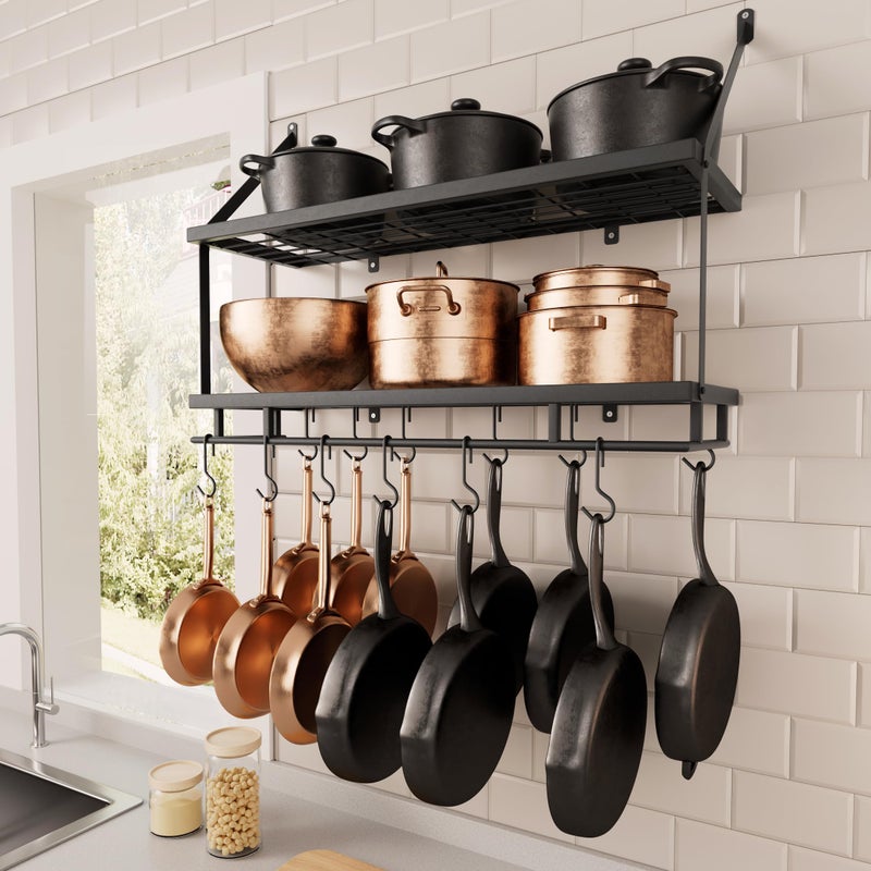 KES 30-Inch Kitchen Pot Rack - Mounted Hanging Rack for Kitchen Storage and Organization - Matte Black 2-Tier Wall Shelf with Guard Rail for Pots and Pans Organizer with 12 Hooks - KUR215S75B-BK - Image 1