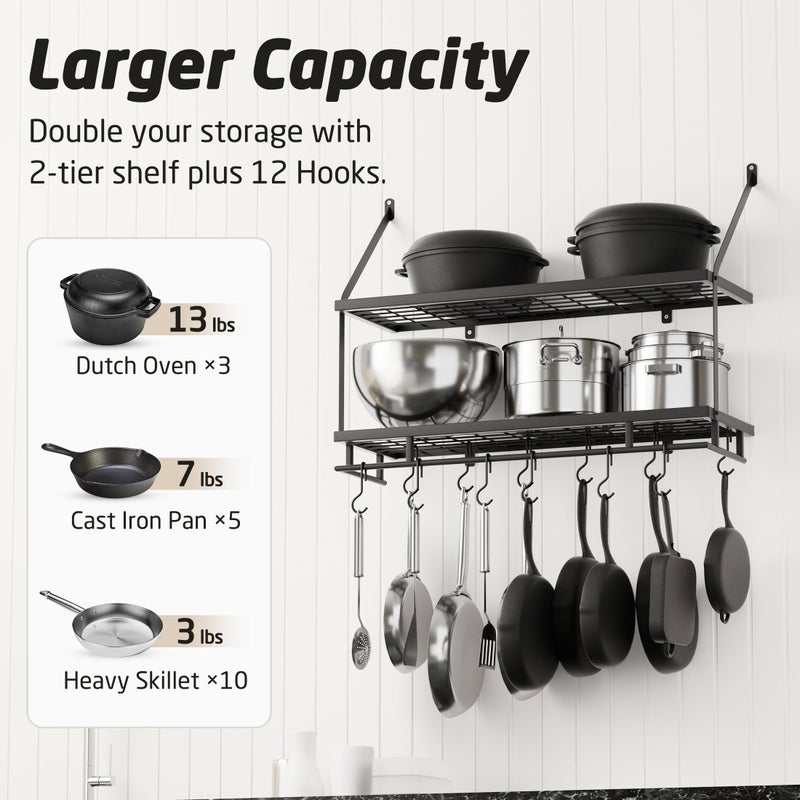 KES 30-Inch Kitchen Pot Rack - Mounted Hanging Rack for Kitchen Storage and Organization - Matte Black 2-Tier Wall Shelf with Guard Rail for Pots and Pans Organizer with 12 Hooks - KUR215S75B-BK - Image 2