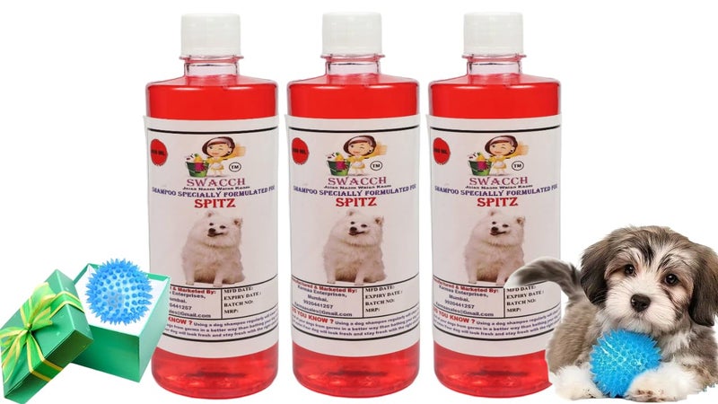 swacch Shampoo | Puppy Safe Shampoo | PH Balanced | Ditch to Itch for Spitz Dog Shampoo 500ml Pack of 3 (Jasmine) + Spike Ball Chew Toy Combo Pack - Image 1