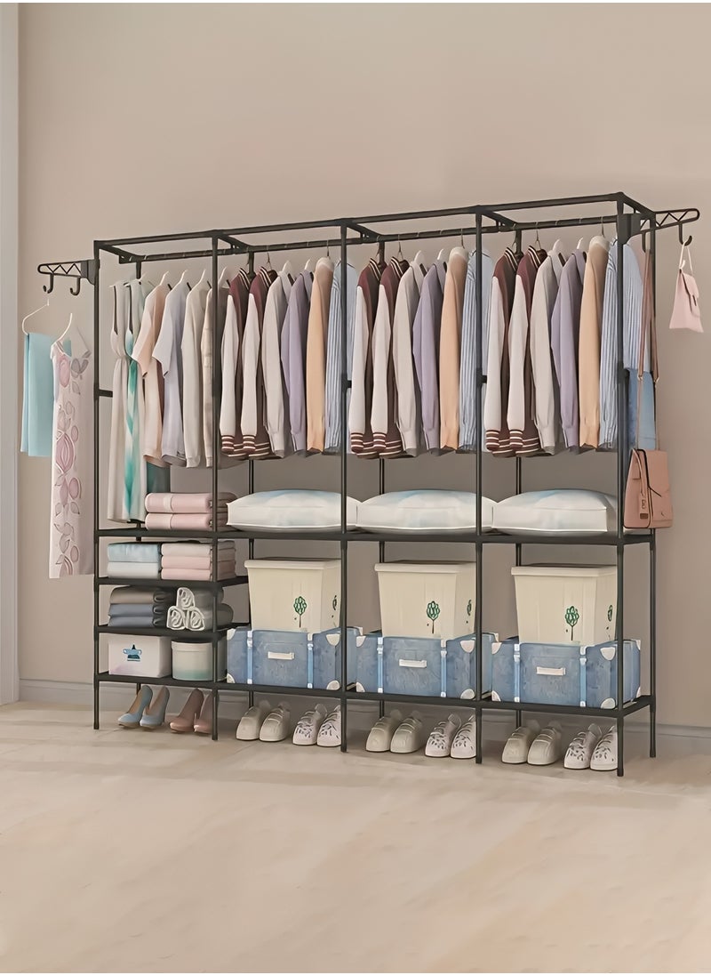 Taimi Metal Clothes Organizer, Metal Clothes Organizer Multi Functional Portable Wardrobe With Four Sections And Poles For Hanging Clothes Black  - Image 1