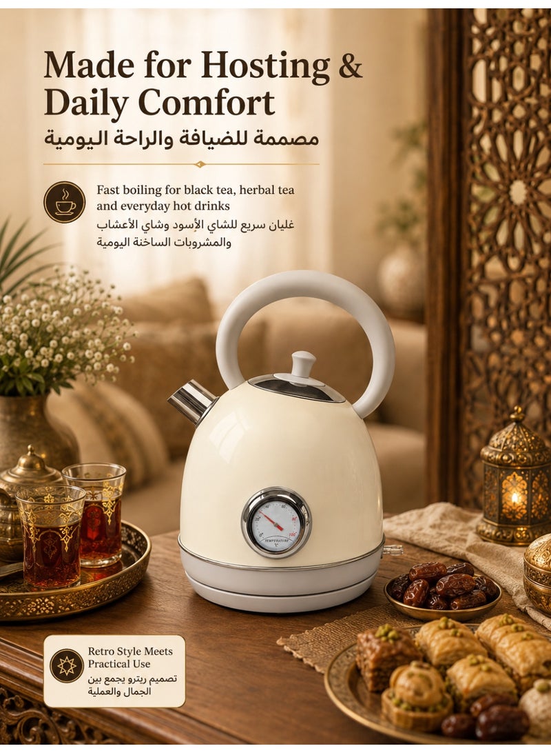 Three sheep Retro Electric Kettle - 1.7 Liters / 57.5 Ounces Tea Kettle with Thermometer, All Stainless Steel, 1850 Watts Fast Boiling, BPA-free, Cordless, Automatic Shut Off - Pearl White - Image 4