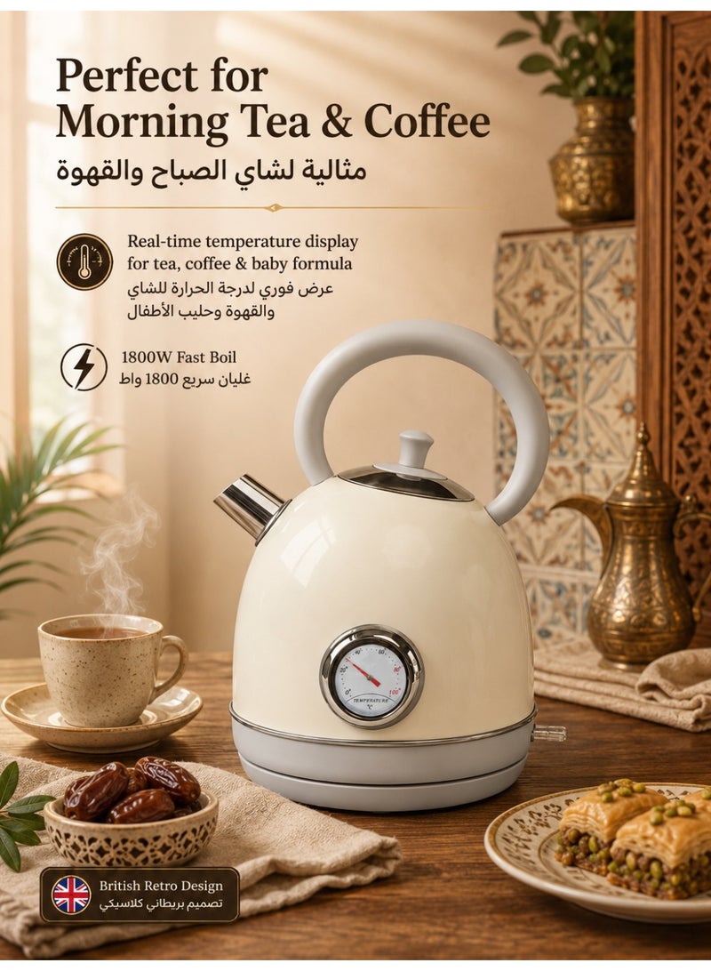 Three sheep Retro Electric Kettle - 1.7 Liters / 57.5 Ounces Tea Kettle with Thermometer, All Stainless Steel, 1850 Watts Fast Boiling, BPA-free, Cordless, Automatic Shut Off - Pearl White - Image 5