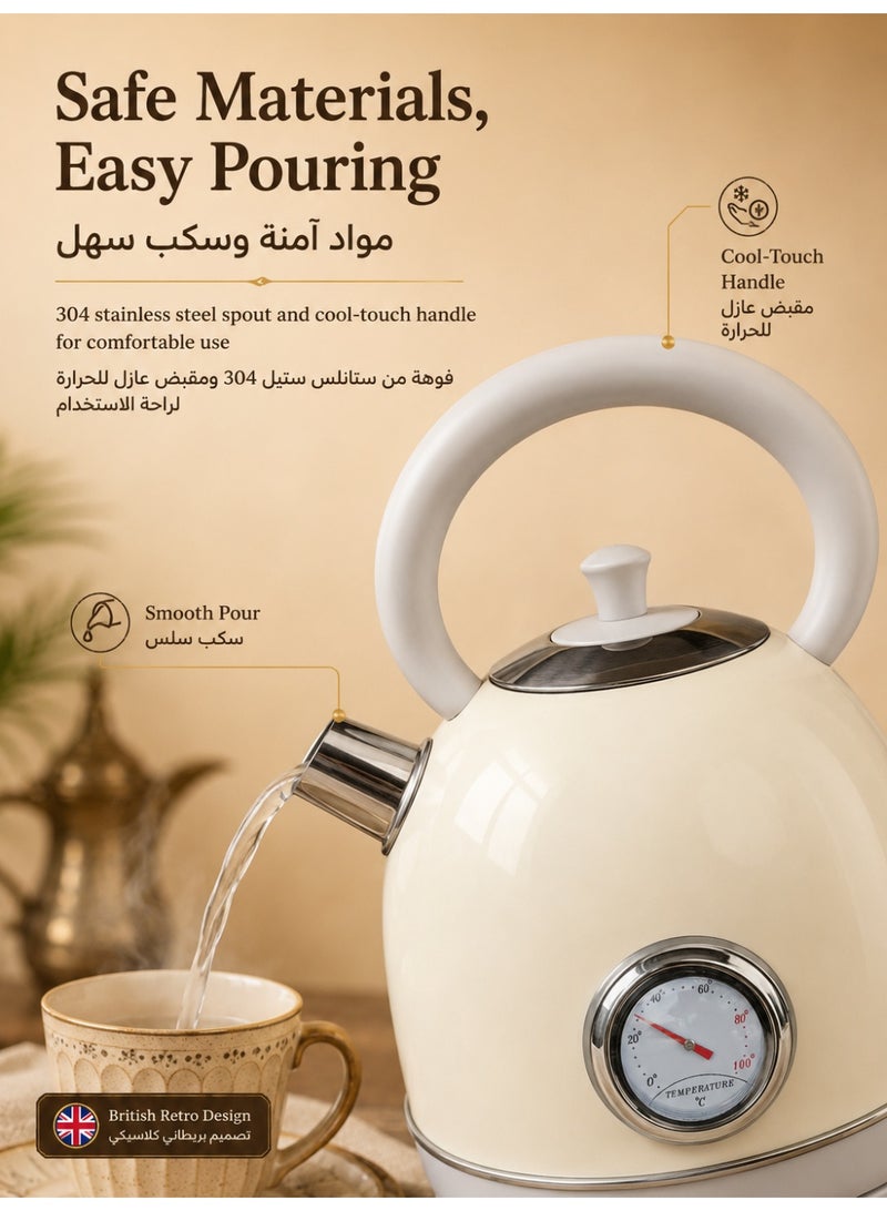 Three sheep Retro Electric Kettle - 1.7 Liters / 57.5 Ounces Tea Kettle with Thermometer, All Stainless Steel, 1850 Watts Fast Boiling, BPA-free, Cordless, Automatic Shut Off - Pearl White - Image 3