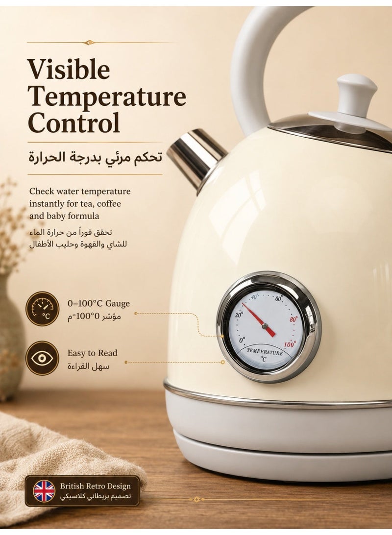 Three sheep Retro Electric Kettle - 1.7 Liters / 57.5 Ounces Tea Kettle with Thermometer, All Stainless Steel, 1850 Watts Fast Boiling, BPA-free, Cordless, Automatic Shut Off - Pearl White - Image 2