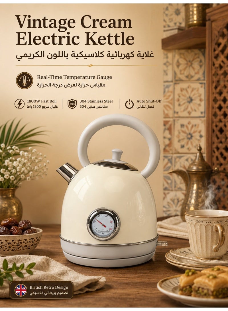 Three sheep Retro Electric Kettle - 1.7 Liters / 57.5 Ounces Tea Kettle with Thermometer, All Stainless Steel, 1850 Watts Fast Boiling, BPA-free, Cordless, Automatic Shut Off - Pearl White - Image 1