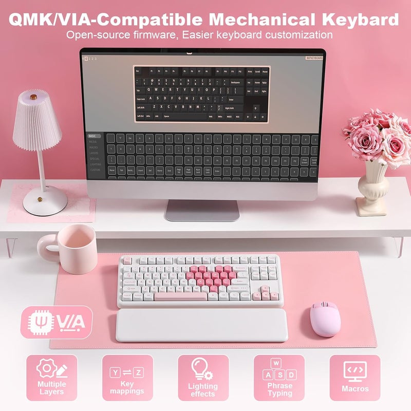 YUNZII B87 Wireless Mechanical Keyboard,QMK/VIA Custom Gaming Keyboard,Gasket RGB Keyboard with Cute MOA Keycaps,Wrist Rest,BT5.0/2.4G/USB-C NKRO for Win/Mac (White Heart, Cocoa Cream V2 Switch) - Image 5