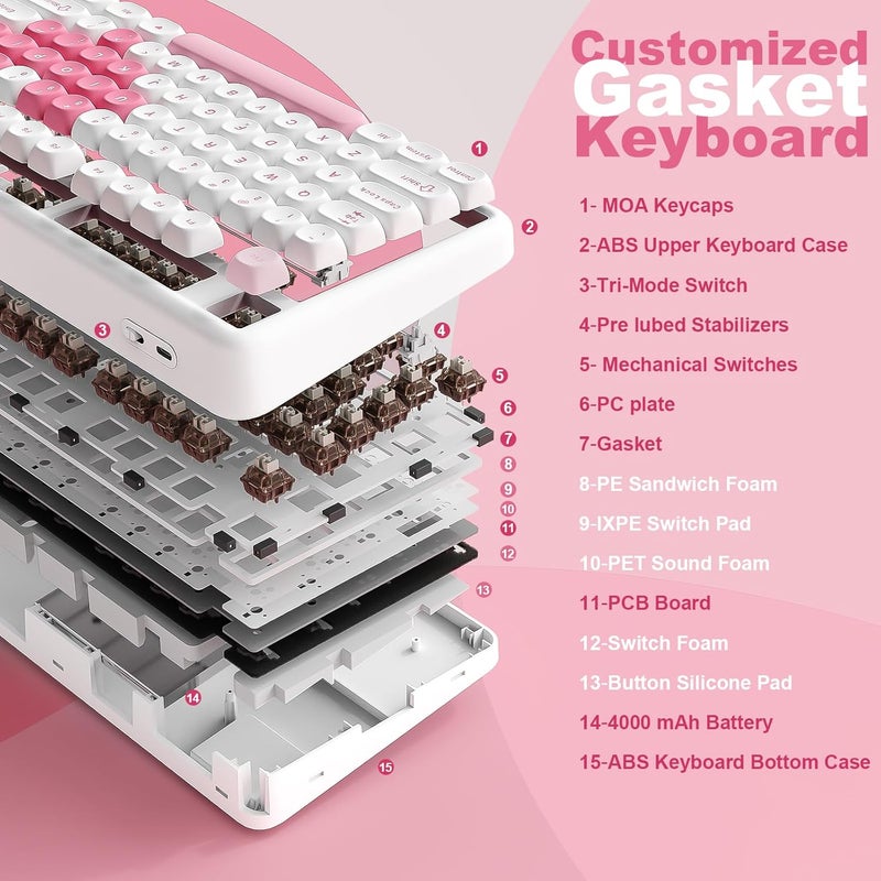 YUNZII B87 Wireless Mechanical Keyboard,QMK/VIA Custom Gaming Keyboard,Gasket RGB Keyboard with Cute MOA Keycaps,Wrist Rest,BT5.0/2.4G/USB-C NKRO for Win/Mac (White Heart, Cocoa Cream V2 Switch) - Image 4
