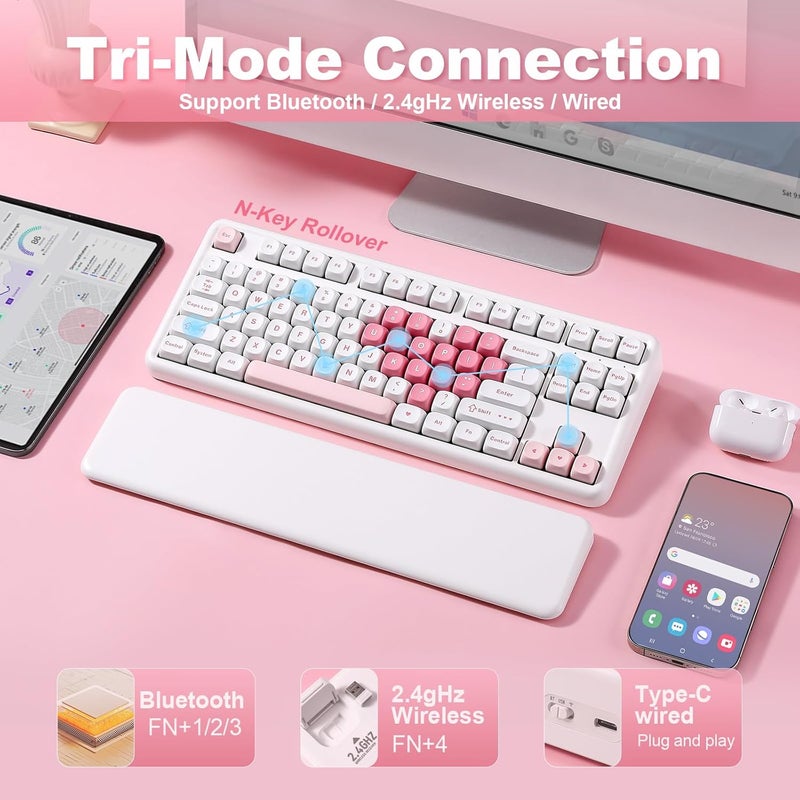 YUNZII B87 Wireless Mechanical Keyboard,QMK/VIA Custom Gaming Keyboard,Gasket RGB Keyboard with Cute MOA Keycaps,Wrist Rest,BT5.0/2.4G/USB-C NKRO for Win/Mac (White Heart, Cocoa Cream V2 Switch) - Image 3