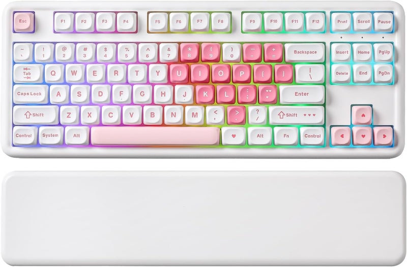 YUNZII B87 Wireless Mechanical Keyboard,QMK/VIA Custom Gaming Keyboard,Gasket RGB Keyboard with Cute MOA Keycaps,Wrist Rest,BT5.0/2.4G/USB-C NKRO for Win/Mac (White Heart, Cocoa Cream V2 Switch) - Image 1