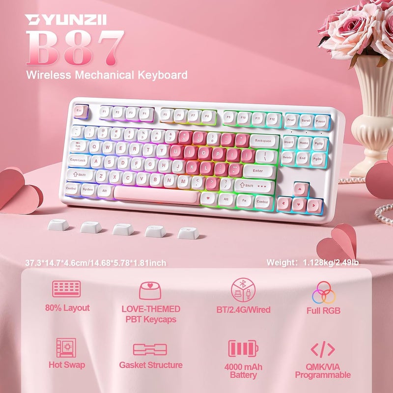 YUNZII B87 Wireless Mechanical Keyboard,QMK/VIA Custom Gaming Keyboard,Gasket RGB Keyboard with Cute MOA Keycaps,Wrist Rest,BT5.0/2.4G/USB-C NKRO for Win/Mac (White Heart, Cocoa Cream V2 Switch) - Image 2