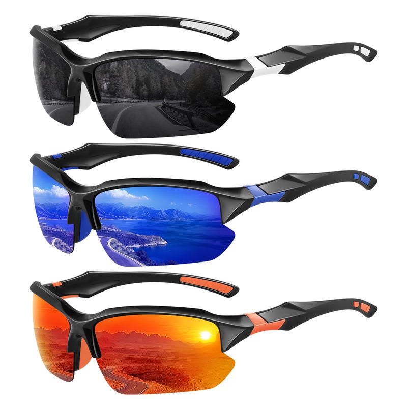 XVXV 3 Pack Polarized Sports Sunglasses for Men, UV Protection Half Frame Sunglasses Comfortable for Running Cycling Driving - Image 1