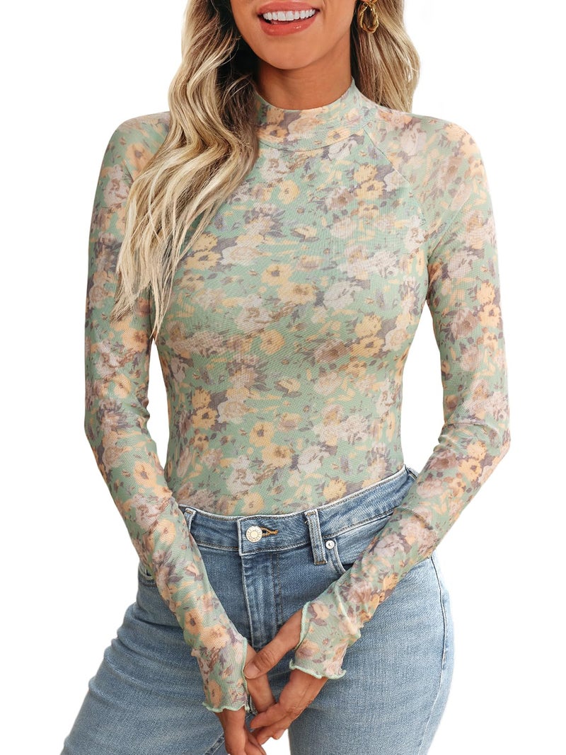 Dealmore Lace Sheer Floral Mesh Mockneck Going Out Tops for Women Fall Fashion Spring Outfits 2026 Clothes Floral Green M - Image 1
