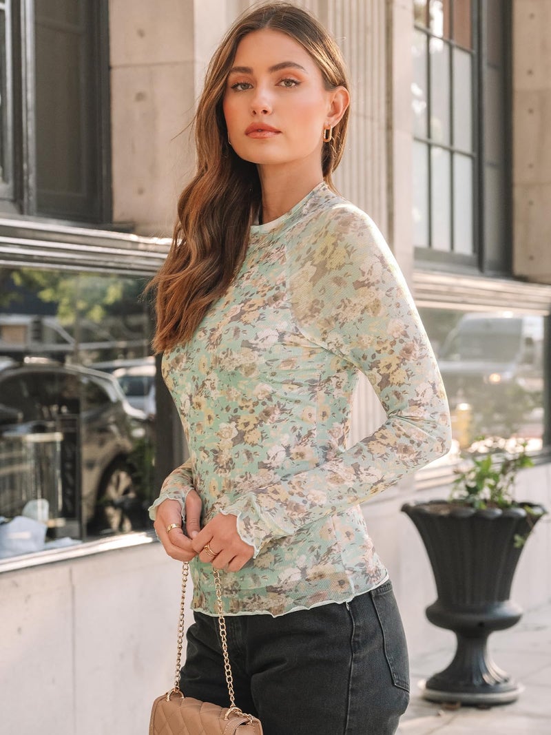 Dealmore Lace Sheer Floral Mesh Mockneck Going Out Tops for Women Fall Fashion Spring Outfits 2026 Clothes Floral Green M - Image 3