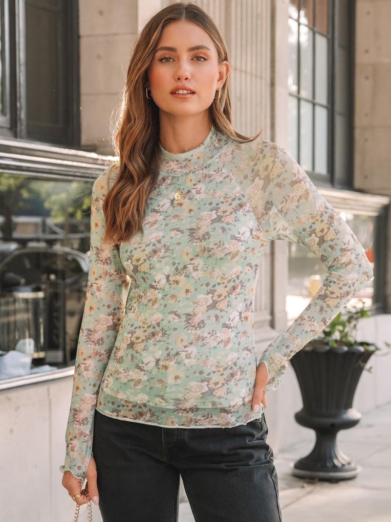 Dealmore Lace Sheer Floral Mesh Mockneck Going Out Tops for Women Fall Fashion Spring Outfits 2026 Clothes Floral Green M - Image 2