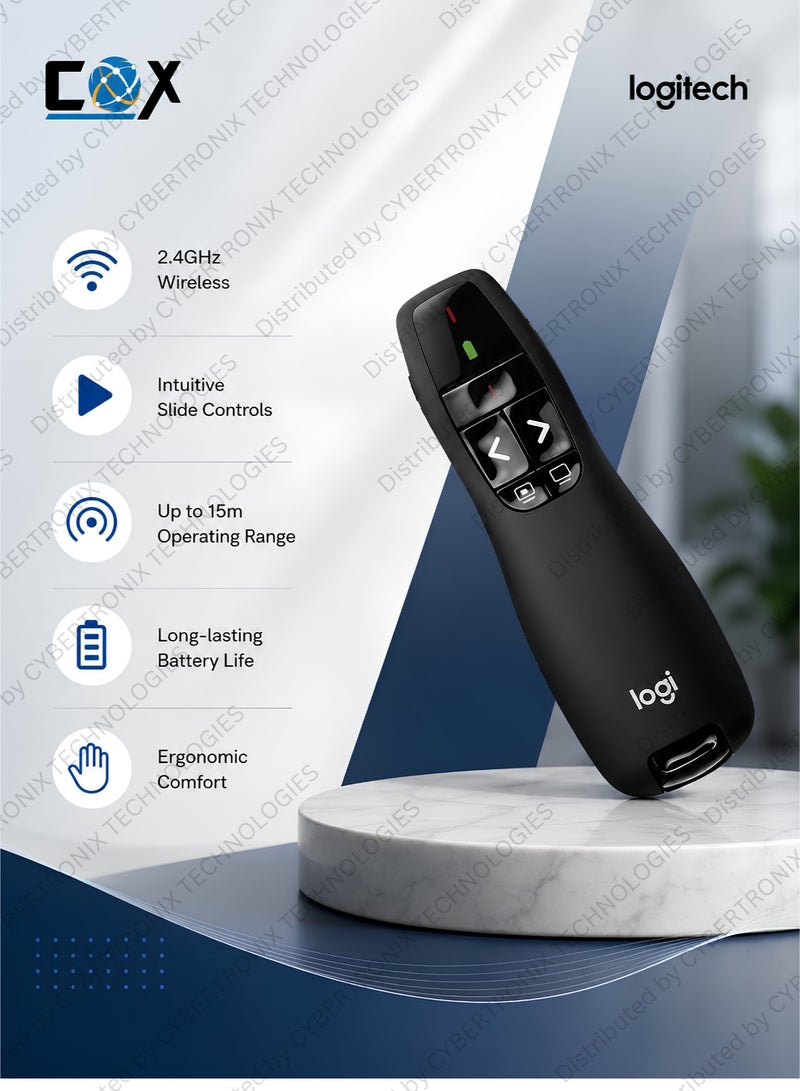 Symlex VPN Logitech R400 Wireless Presentation Remote, 2.4 GHz, USB-Receiver, Red Laser Pointer, 15-Meter Operating Range, 6 Buttons, Intuitive Slideshow Control, Battery Indicator, PC Black | Symlex VPN | 1 Devices 1 Month | Digital License | Same Day Delivery | Combo Pack - Image 3