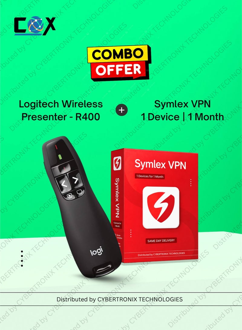 Symlex VPN Logitech R400 Wireless Presentation Remote, 2.4 GHz, USB-Receiver, Red Laser Pointer, 15-Meter Operating Range, 6 Buttons, Intuitive Slideshow Control, Battery Indicator, PC Black | Symlex VPN | 1 Devices 1 Month | Digital License | Same Day Delivery | Combo Pack - Image 1