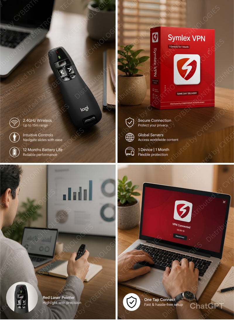Symlex VPN Logitech R400 Wireless Presentation Remote, 2.4 GHz, USB-Receiver, Red Laser Pointer, 15-Meter Operating Range, 6 Buttons, Intuitive Slideshow Control, Battery Indicator, PC Black | Symlex VPN | 1 Devices 1 Month | Digital License | Same Day Delivery | Combo Pack - Image 2
